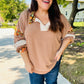 Charming Caramel Floral Print Colorblock Notch Neck Top