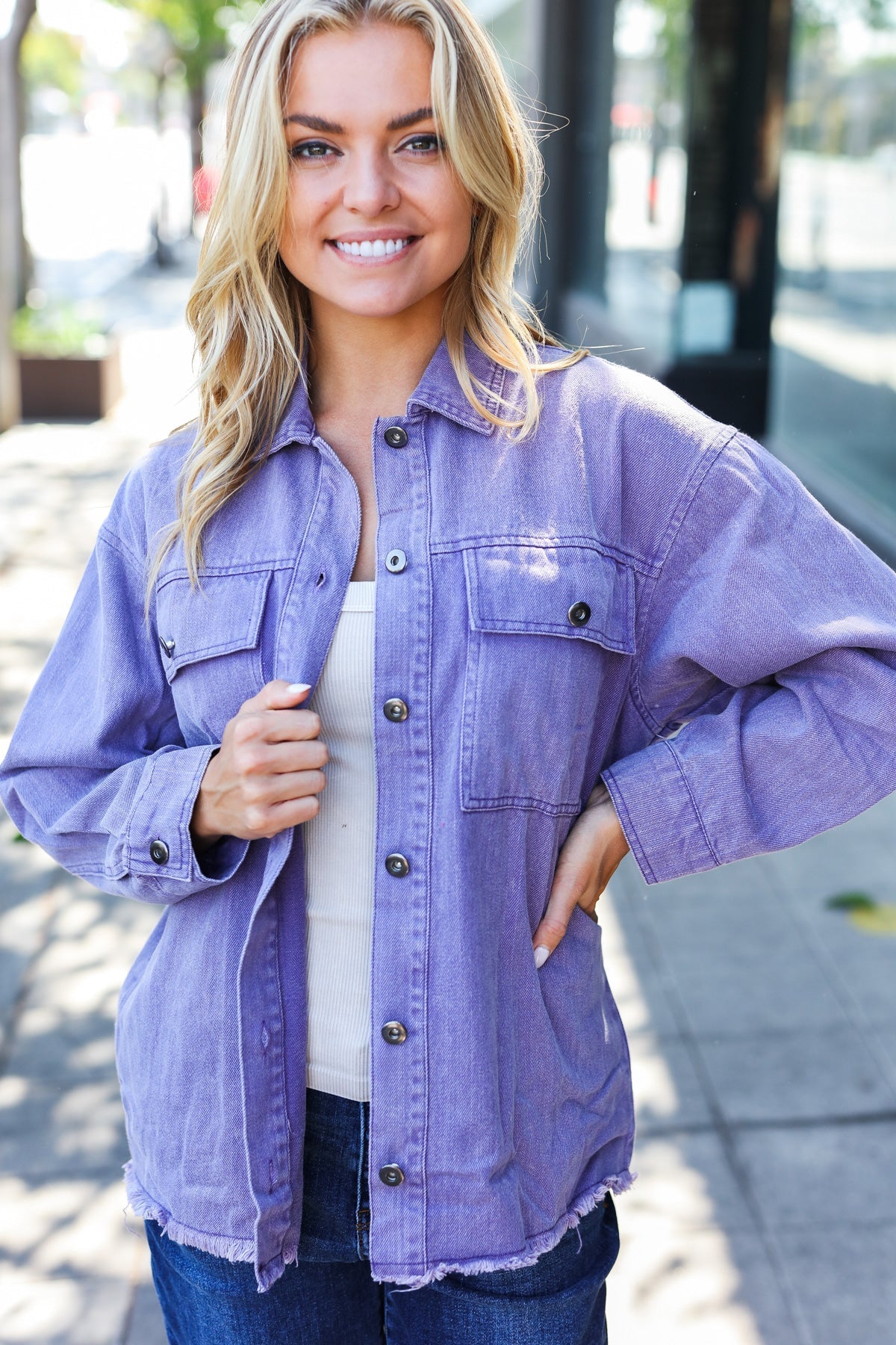 Be Bold In Purple Haze Frayed Denim Jacket