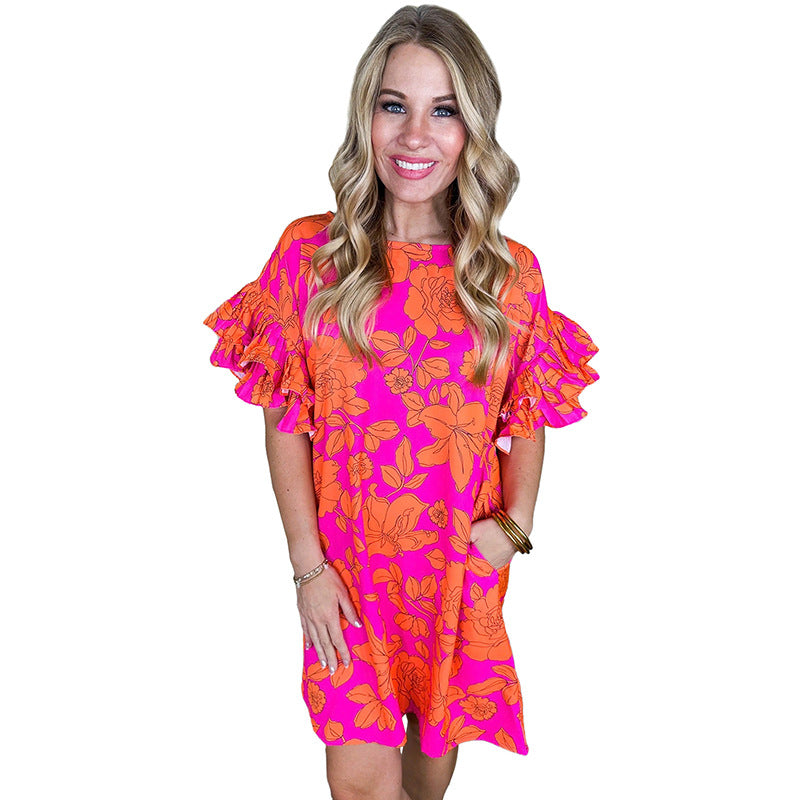 Loose Knee-length Short Skirt Women's Fashion Floral Print Short Sleeve Dress