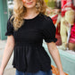 All For You Black Smocked Peplum Puff Sleeve Top