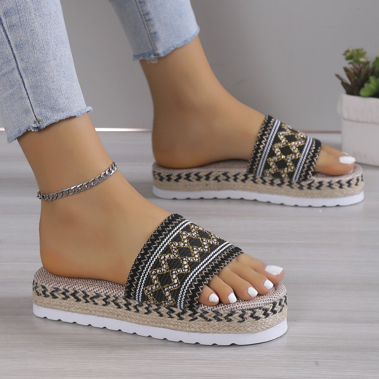 Geometric Woven Platform Slide Sandals