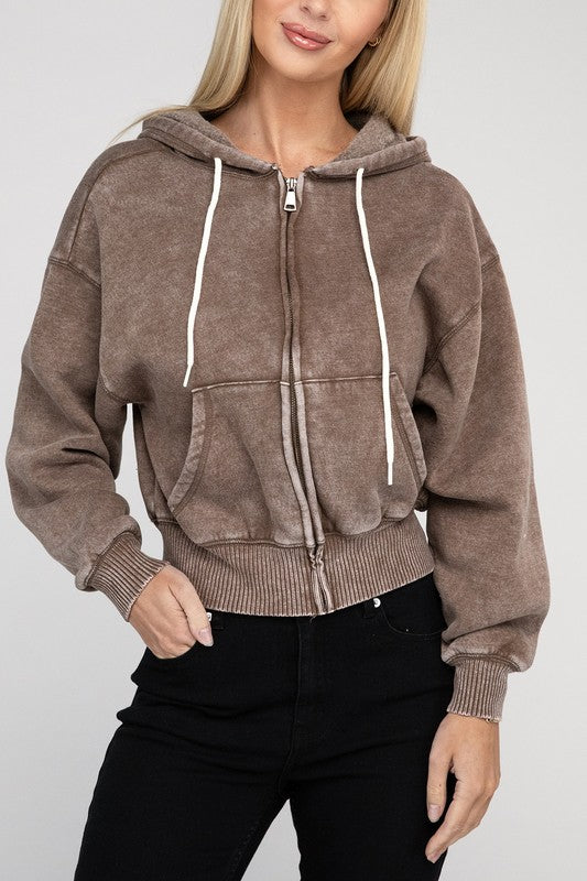 Acid Wash Fleece Cropped Zip-Up Hoodie