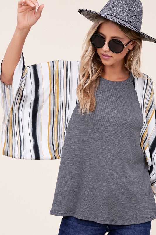 WAFFLE STRIPE MIX KIMONO TOP