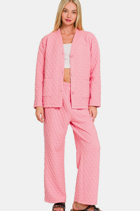 Zenana Quilted Button Up Long Sleeve Top and Pants Lounge Set