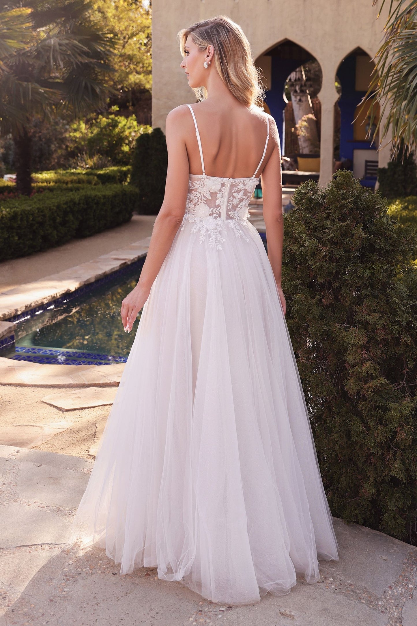 Layered A-Line Tulle Laced Mid Open Back V-neck Floral Bodice Long Bridal & Wedding Dress CDCB072W_2