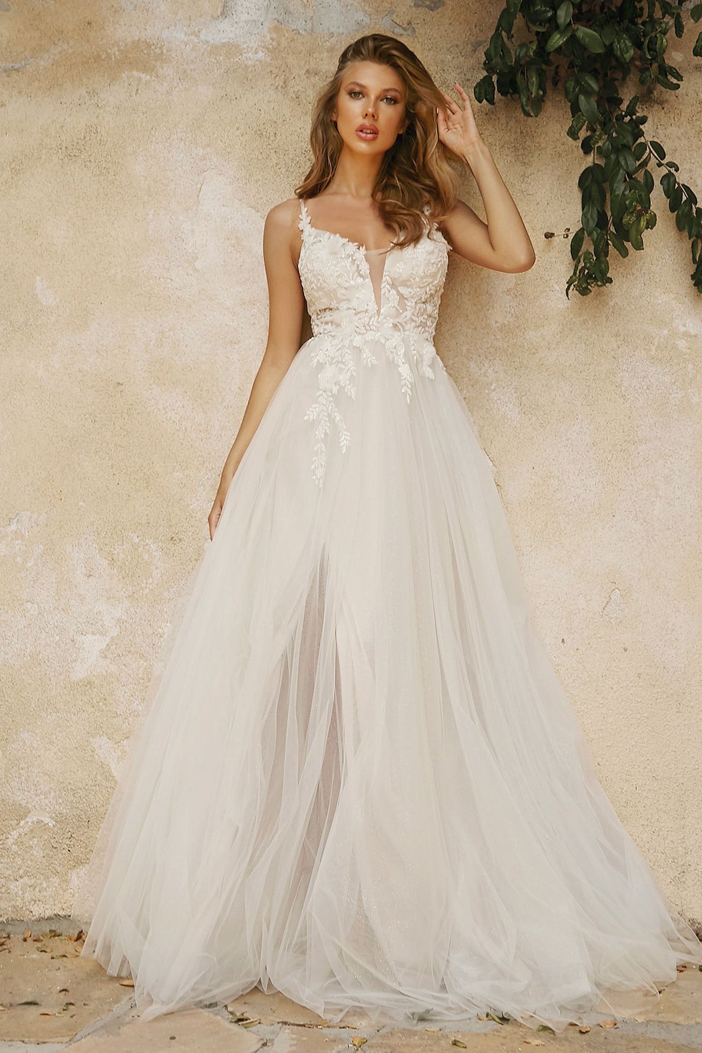 Layered A-Line Tulle Laced Mid Open Back V-neck Floral Bodice Long Bridal & Wedding Dress CDCB072W_4