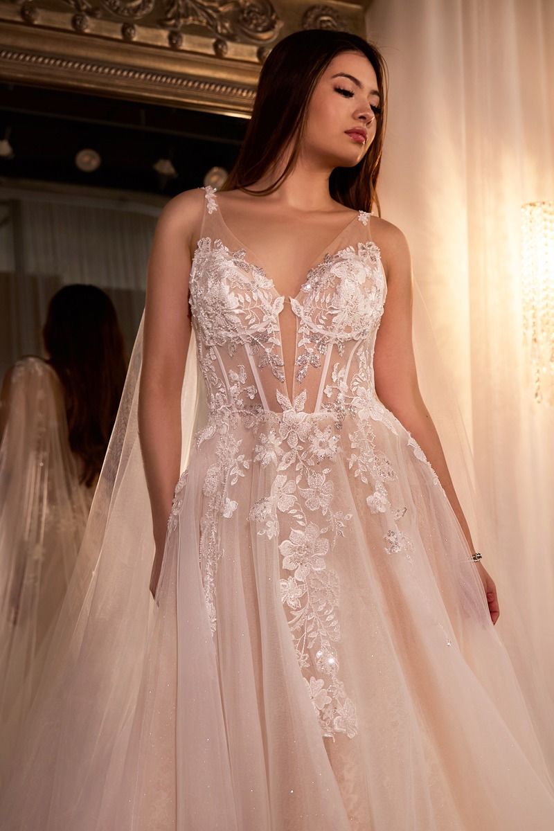 Layered Tulle & Lace Sheer Bodice Ball Long Wedding Dress CDCDS476W_1