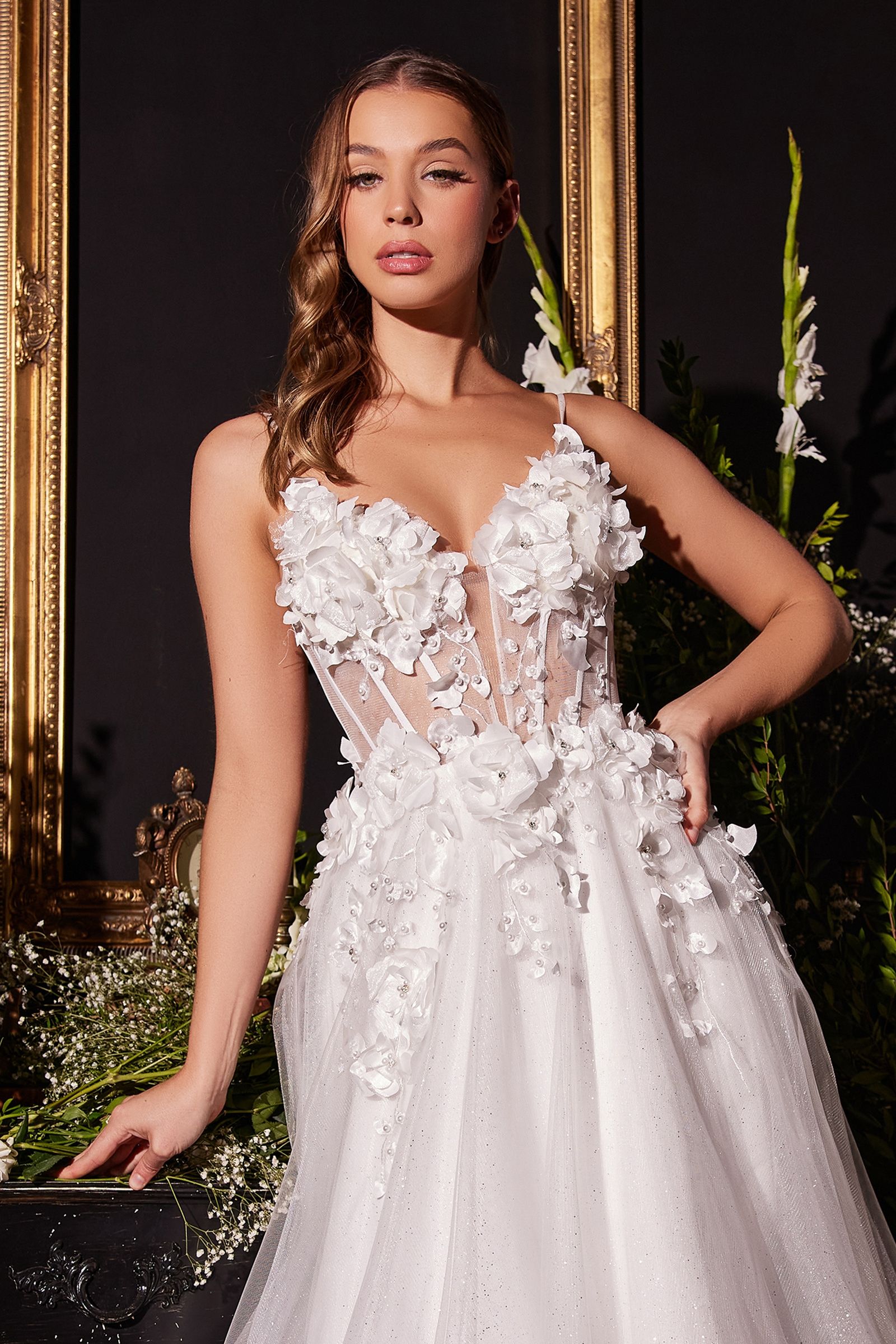 Floral Applique A-line Tulle Boned Bodice V-neck Open Back Long Bridal & Wedding Dress CDCM321W_2