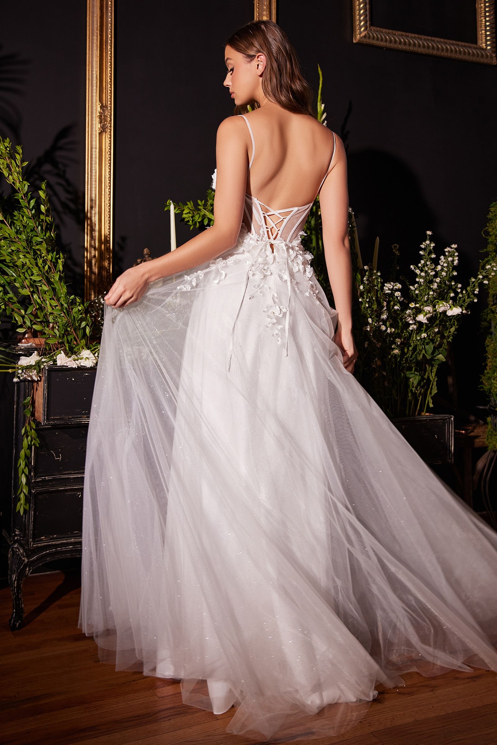 Floral Applique A-line Tulle Boned Bodice V-neck Open Back Long Bridal & Wedding Dress CDCM321W_1