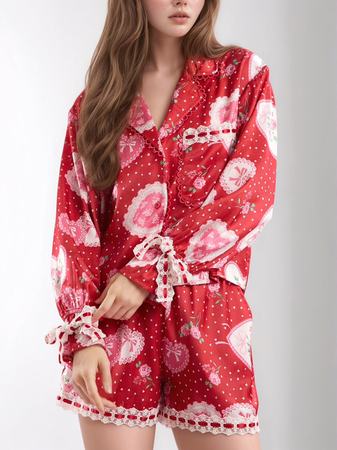 Valentine’s Day Lace Detail Heart Print Collared Neck Top and Shorts Lounge Set