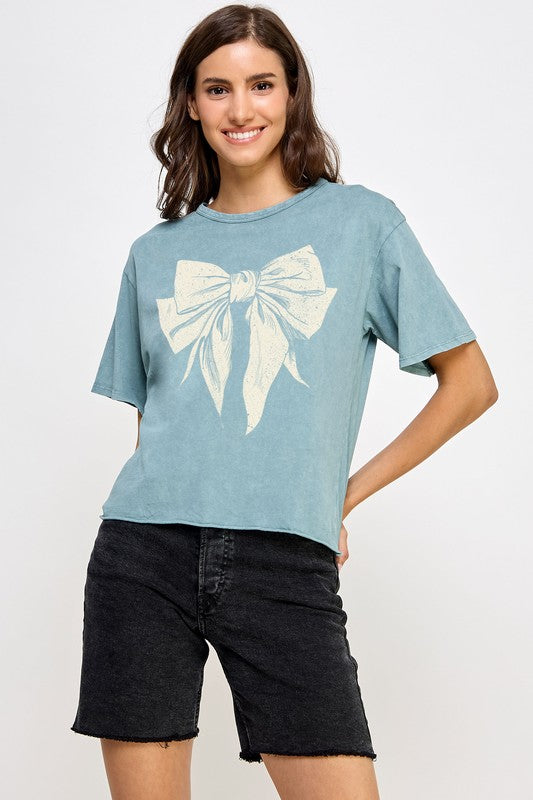 Bow Graphic Mineral Washed Long Crop Tee