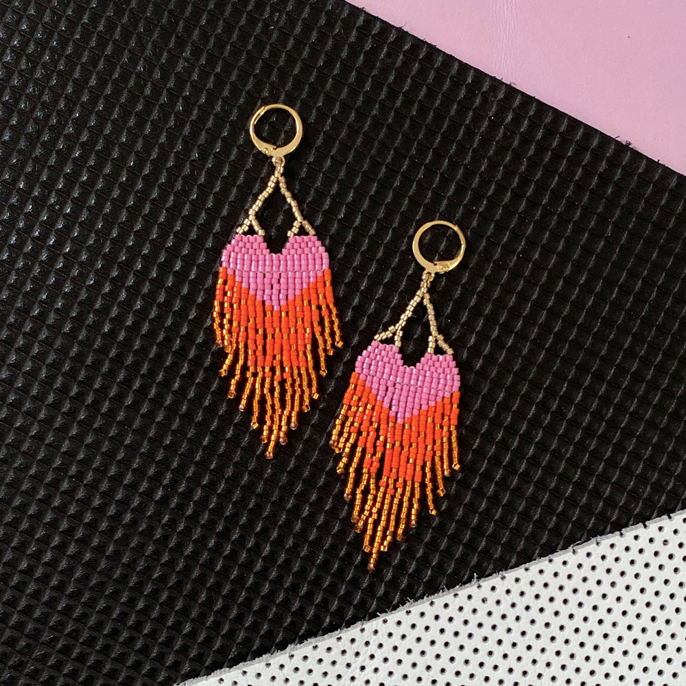 LOVE Earrings - Pink + Orange Ombre Fringe