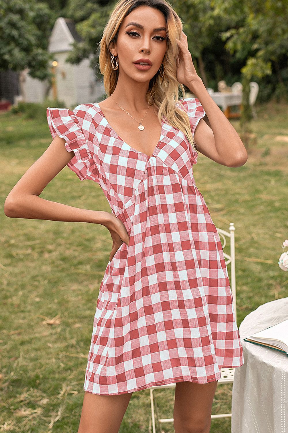 Ivy Lane Plaid Butterfly Sleeve Mini Dress