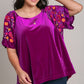 Umgee Full Size Velvet Embroidery Short Sleeve Blouse