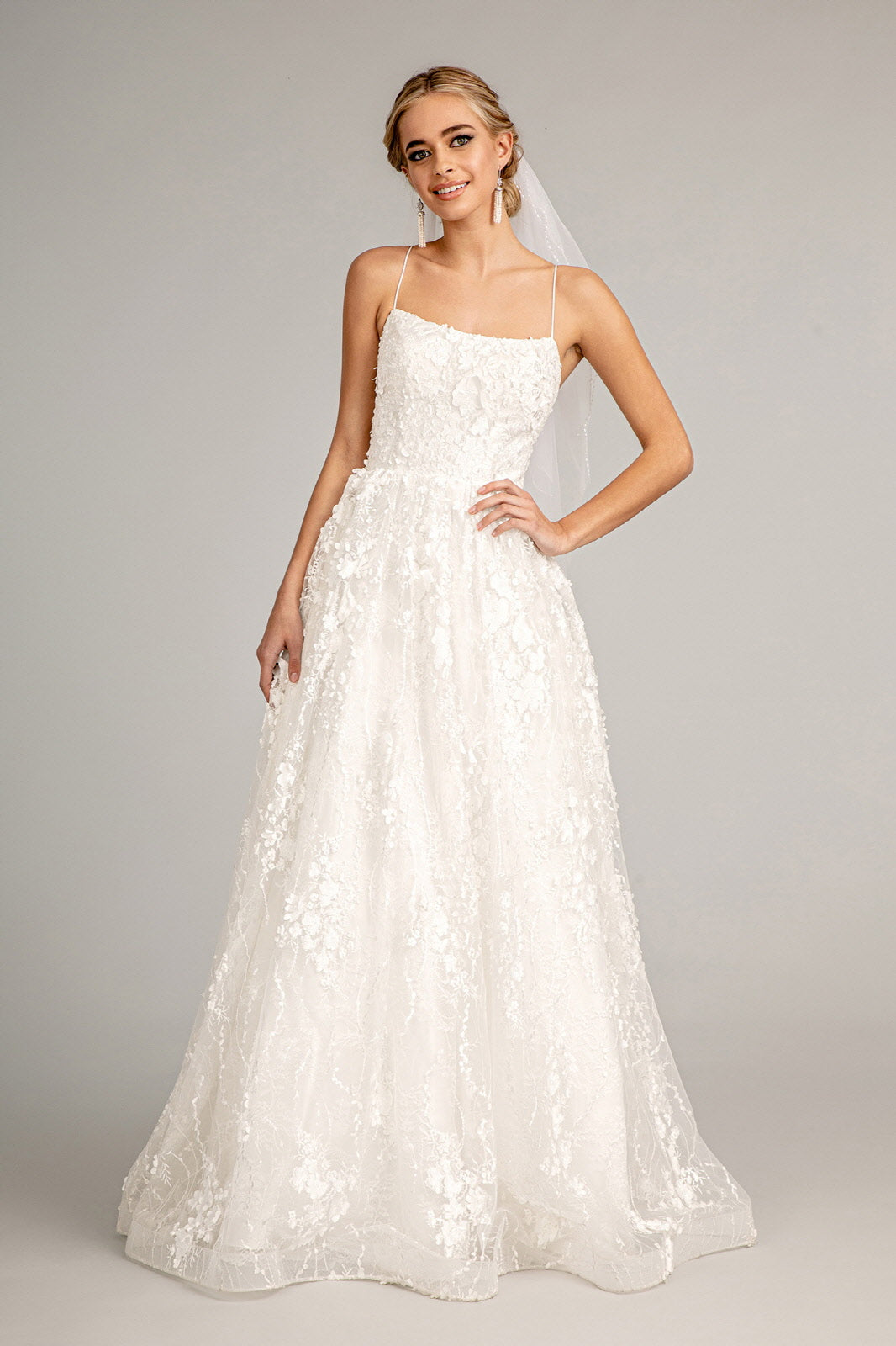 Floral Embroidered Lace-Up Mesh w/ Sweetheart Neckline Long Wedding Dress GLGL1985_0