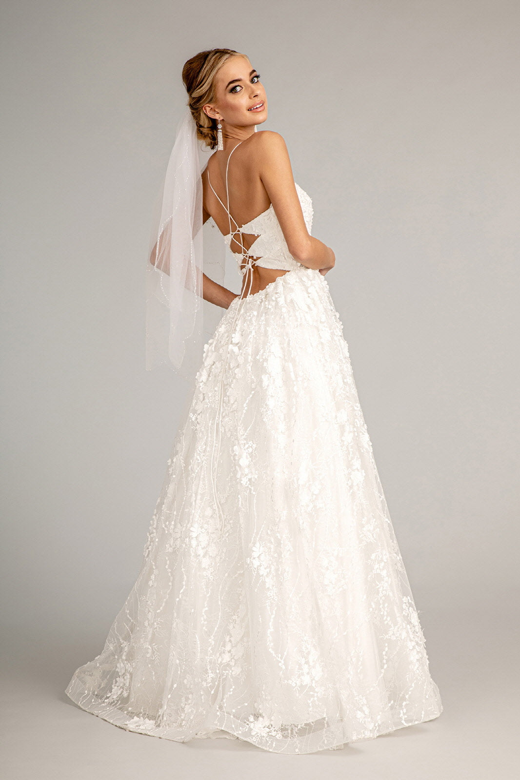 Floral Embroidered Lace-Up Mesh w/ Sweetheart Neckline Long Wedding Dress GLGL1985_1