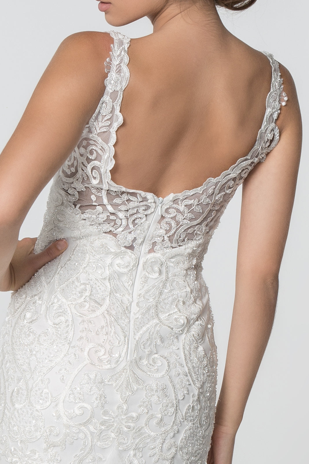 Embroidered Bodice V-Neck Mermaid w/ Mesh Tail Long Wedding Dress GLGL2815_3