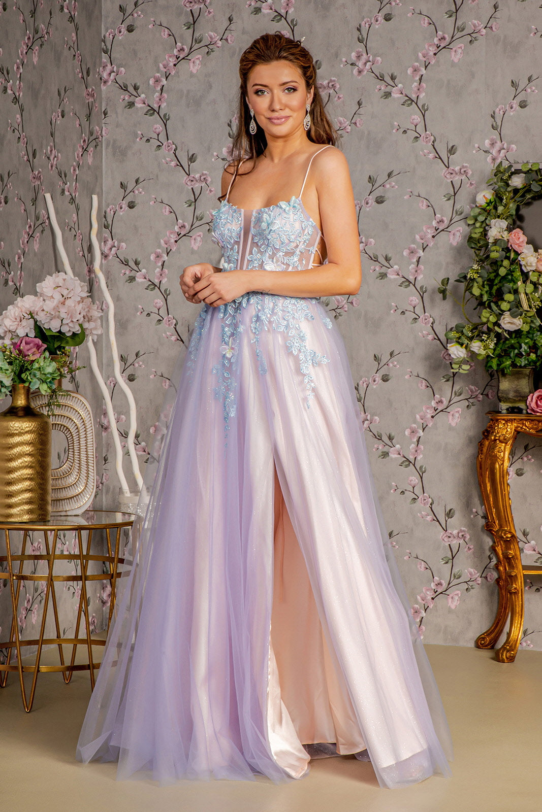 3D Butterfly Sheer Bodice Cut-out Back Mesh A-line Long Prom Dress GLGL3252_0