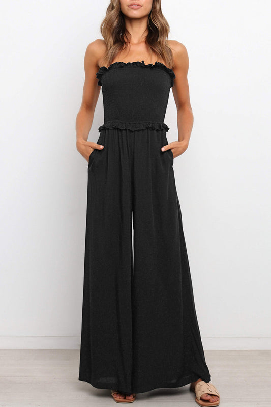 Black Smocked Bandeau Wide Leg Jumpsuit