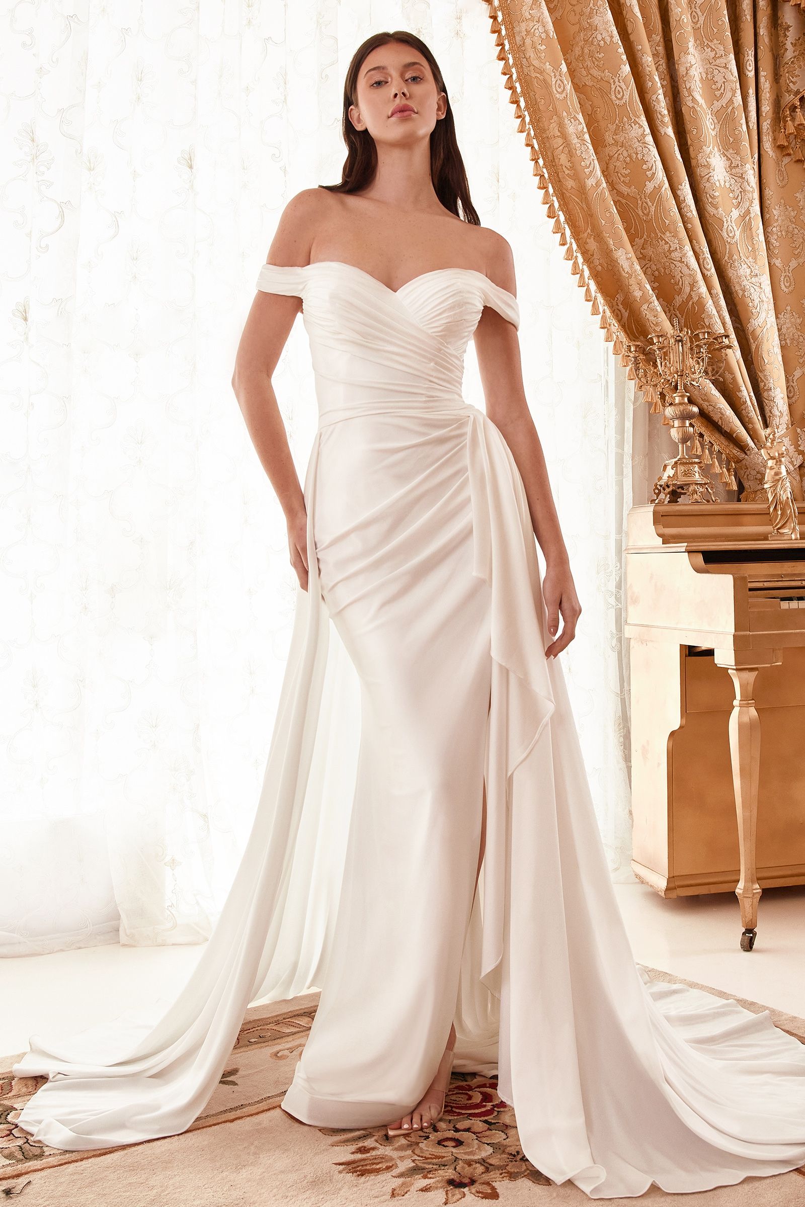 Draped Off The Shoulder With Overskirt Straps Side Slit Long Wedding Dress CDWN315_0