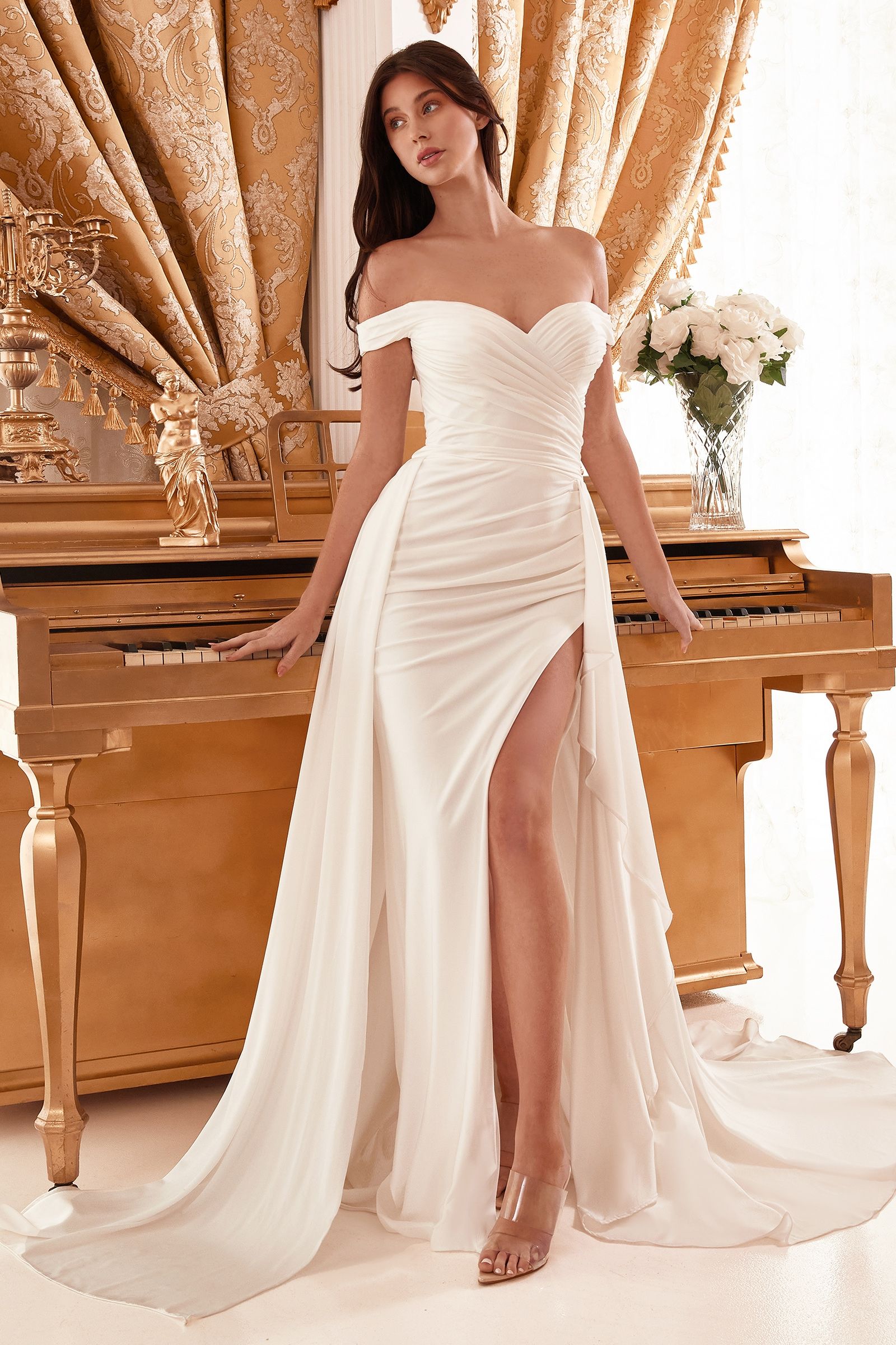 Draped Off The Shoulder With Overskirt Straps Side Slit Long Wedding Dress CDWN315_2