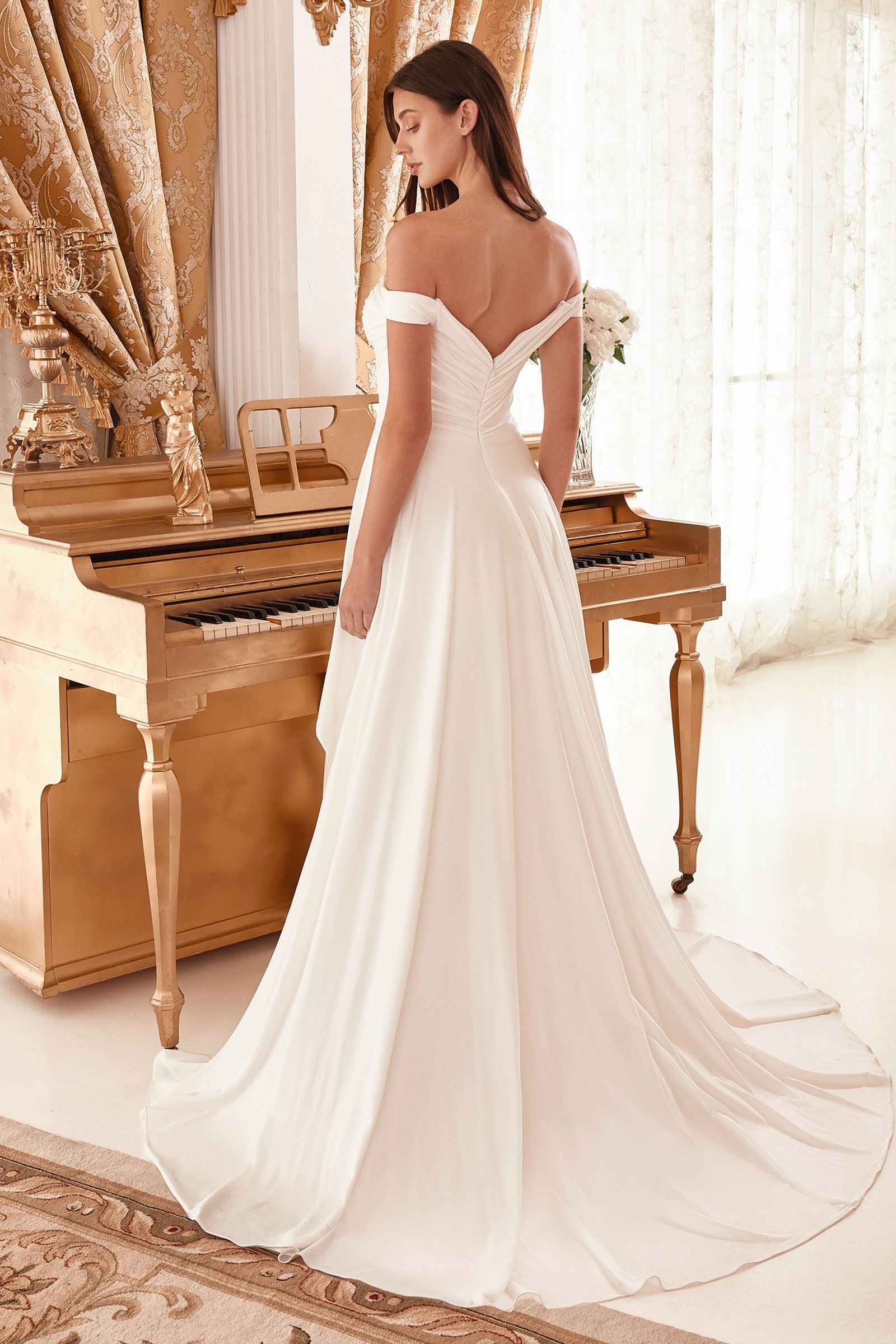 Draped Off The Shoulder With Overskirt Straps Side Slit Long Wedding Dress CDWN315_3