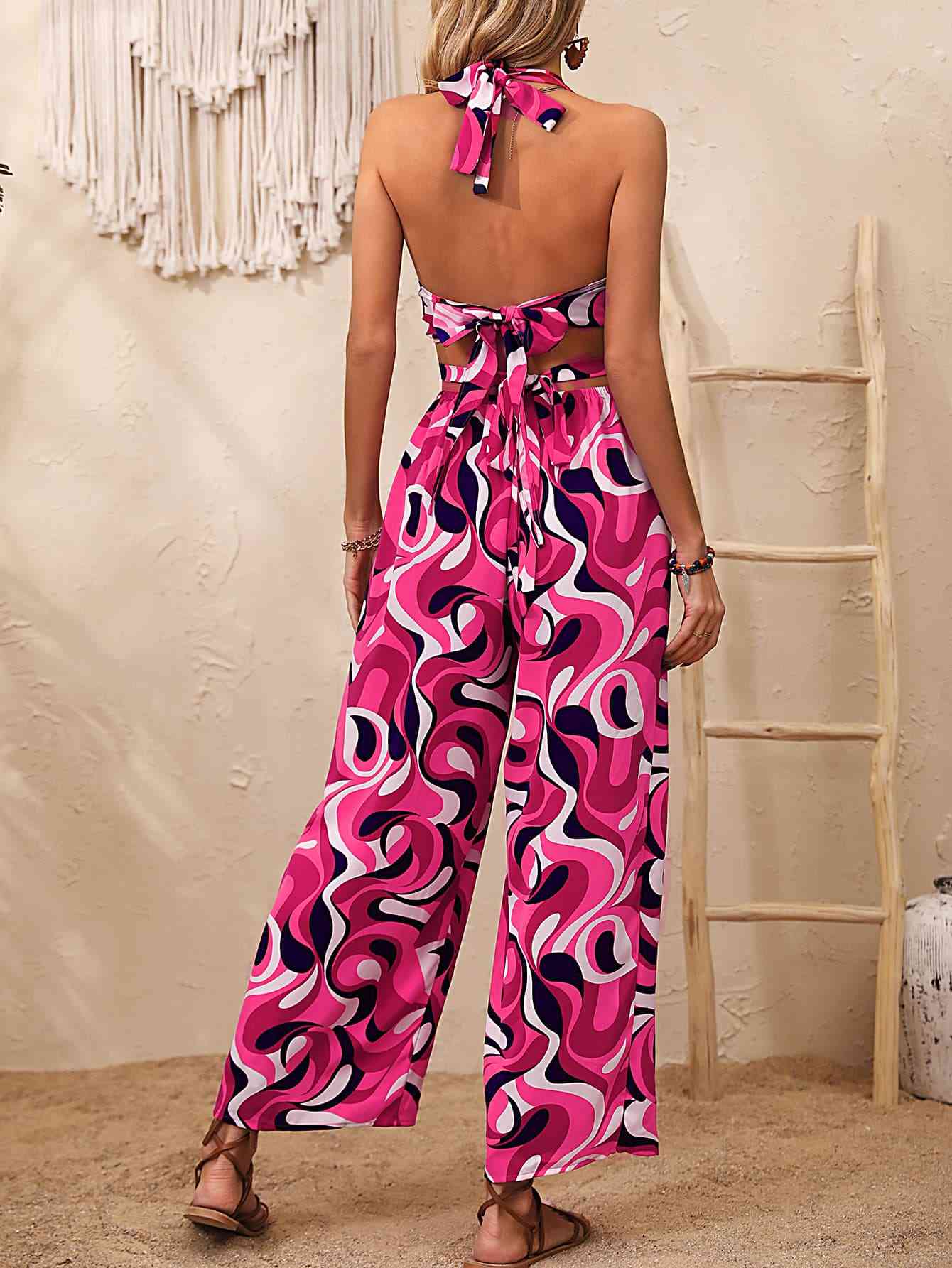 Modern Abstract Print Halter Neck Cutout Wide Leg Jumpsuit