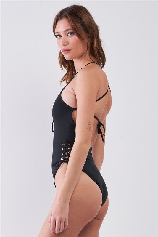 V-Neck Lace Up Criss Cross One Piece Swimsuit