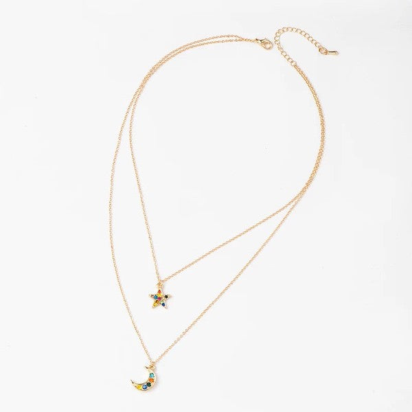 Moon and Star Necklace with Rainbow Cubic