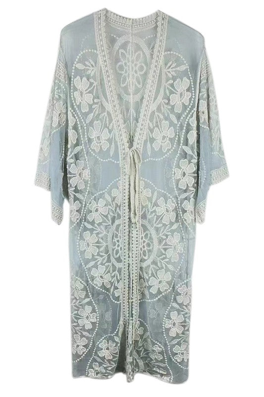 Floral Laced Kimono With Front Tie