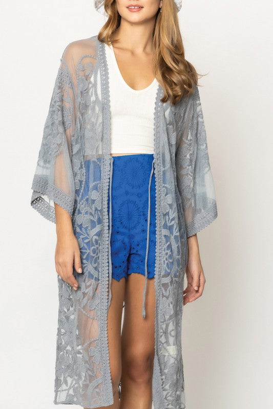 Oriental Floral Lace Kimono With Front Tie