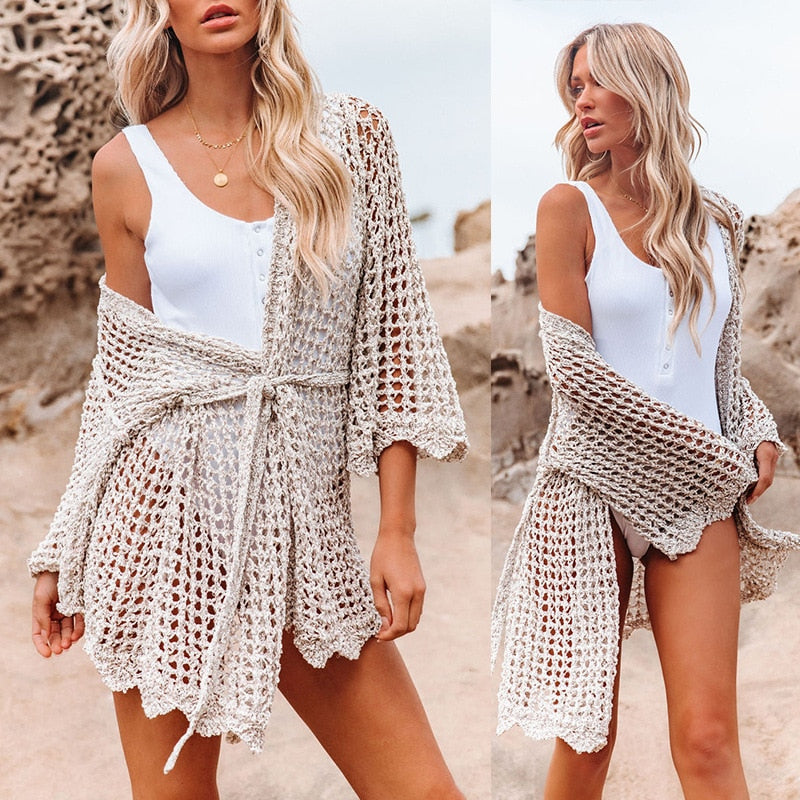 Tunic Crochet Cover up Beach Sexy See Through Hollow Out Mesh Dress