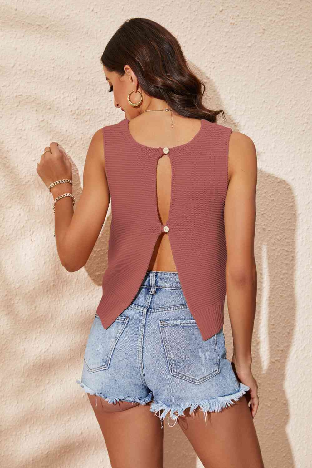 Buttoned Cutout Ribbed Trim Knit Tank