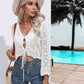 Drawstring V-Neck Long Sleeve Cover Up