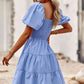 Balloon Sleeve Square Neck Smocked Midi Dress