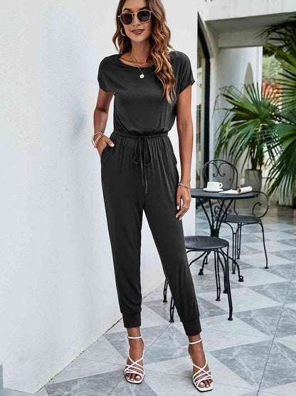 Drawstring Waist Short Sleeve Jogger Jumpsuit