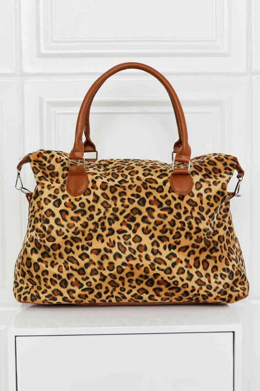 Leopard Printed Faux Rabbit Fur Weekender Handbag | Medium Size with Inner Pockets