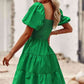 Balloon Sleeve Square Neck Smocked Midi Dress