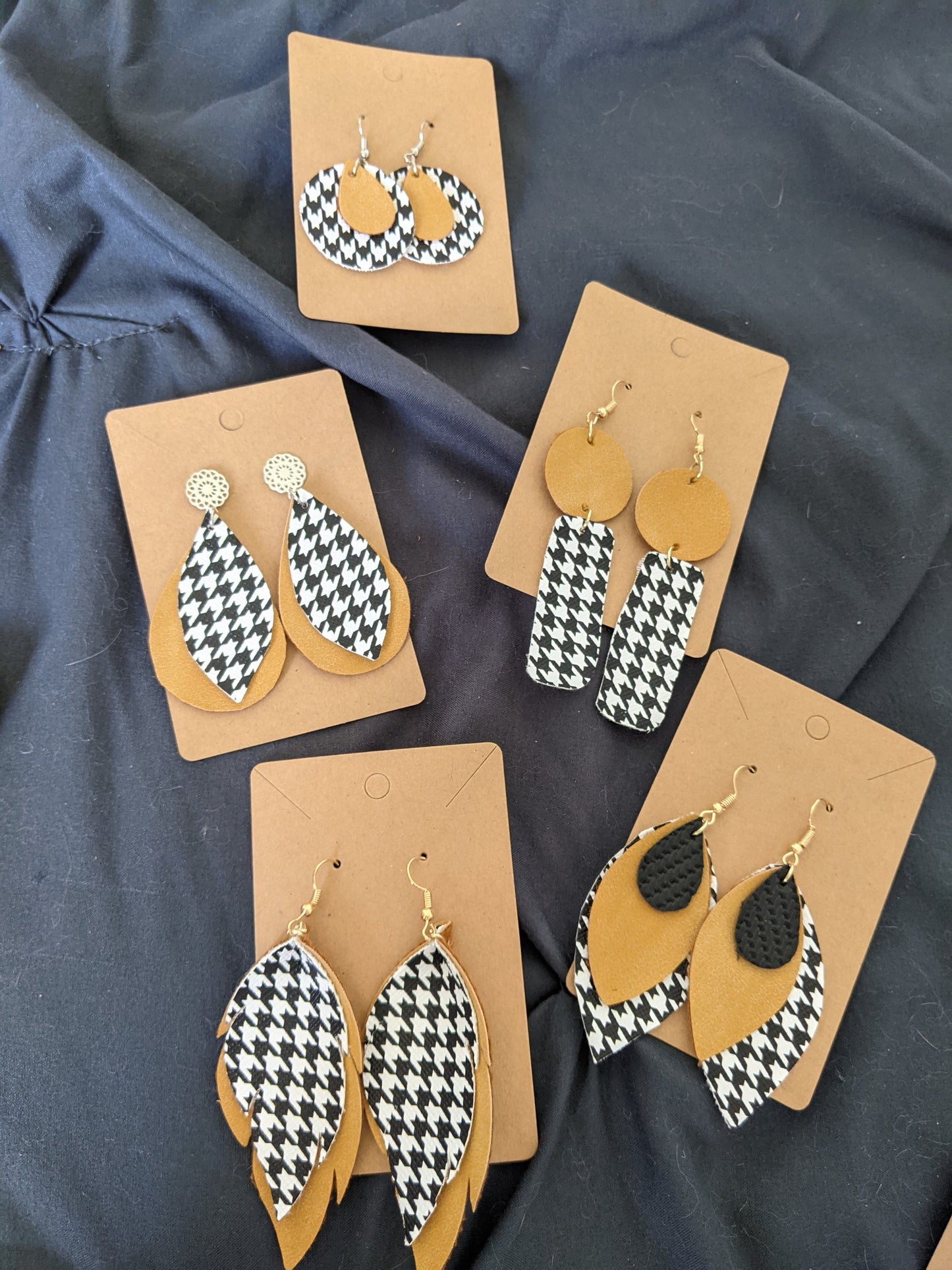 Handmade Houndstooth/Camel Faux Leather Earrings