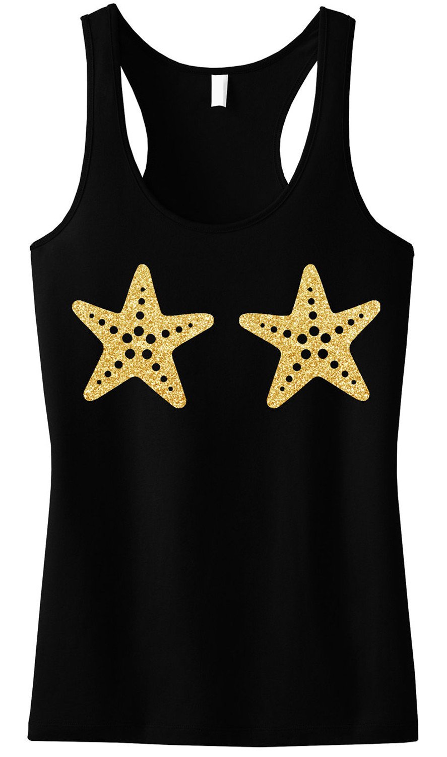 MERMAID Starfish Black Tank Top Gold Glitter