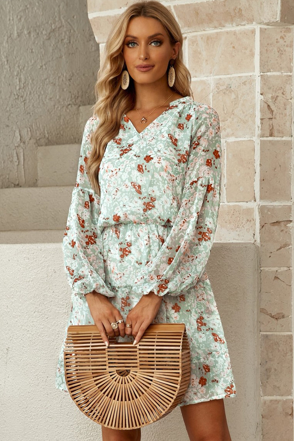 Floral Frill Trim Puff Sleeve Notched Neck Dress