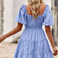 Balloon Sleeve Square Neck Smocked Midi Dress