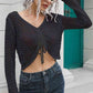 Drawstring V-Neck Long Sleeve Knit Top