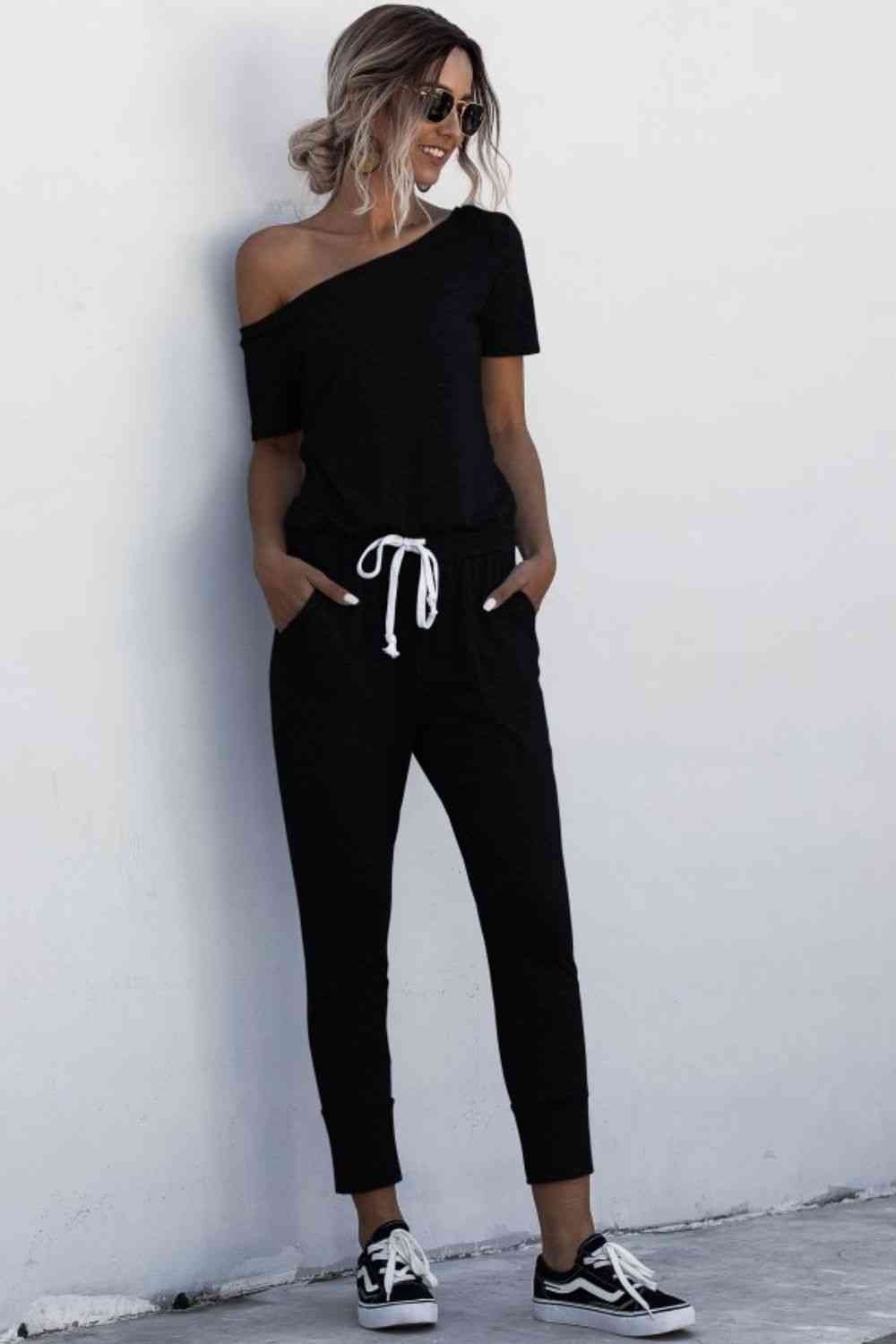 One Shoulder Tied Jumpsuit with Pockets | Long Length