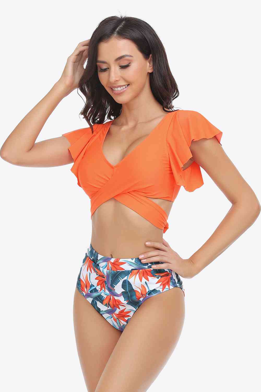 Two-Tone Flutter Sleeve Tied Two-Piece Swimsuit