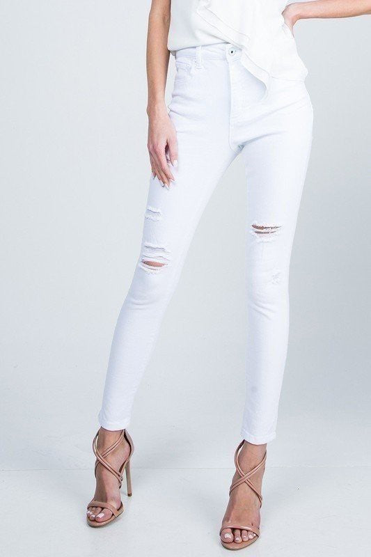 High Rise Distressed Skinny in White