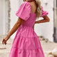 Balloon Sleeve Square Neck Smocked Midi Dress