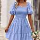 Balloon Sleeve Square Neck Smocked Midi Dress