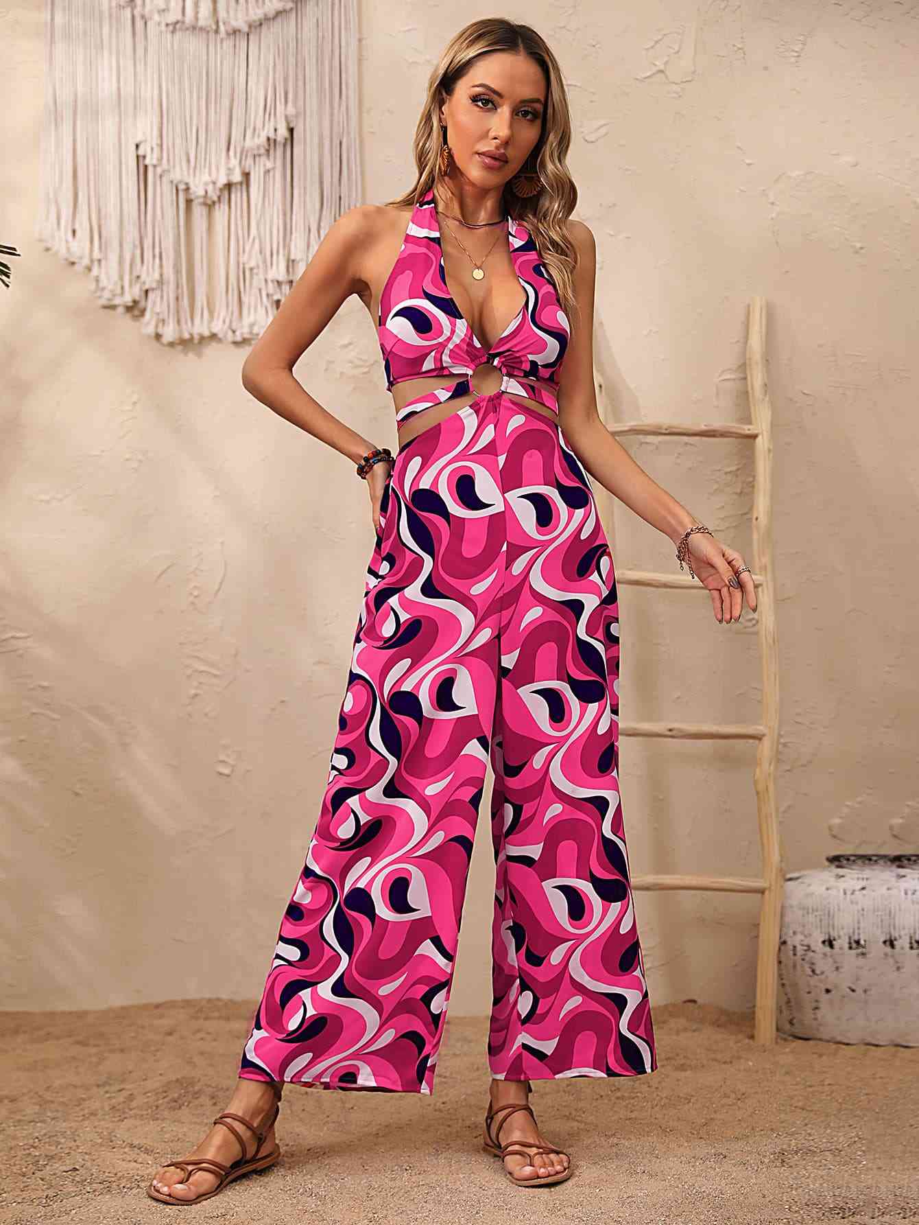 Modern Abstract Print Halter Neck Cutout Wide Leg Jumpsuit